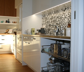 Pantry 100% gloss cabinets, steel pull out trays, 